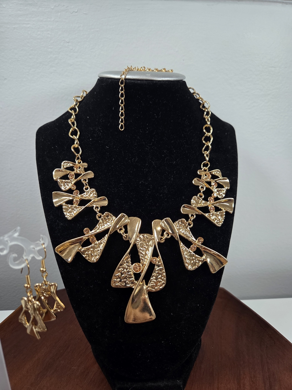 Gold-Tone Statement Bib Necklace and Earring Set - Elegant Women Jewelry